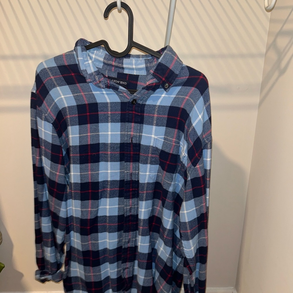 Lands' End Navy and Light Blue Plaid Shirt